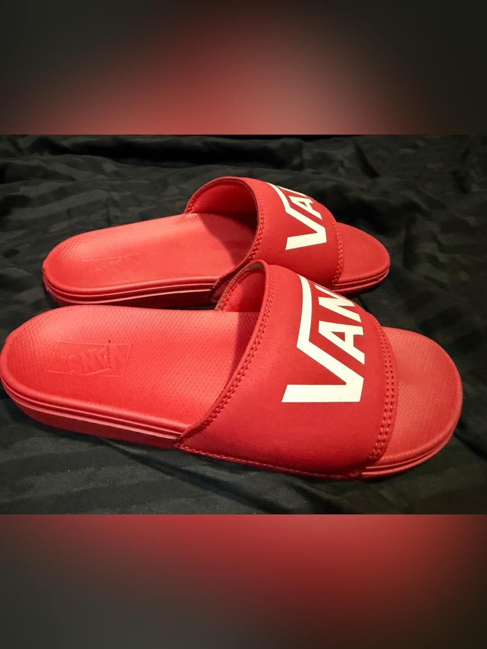 Vans Red Slides with White Logo Strap